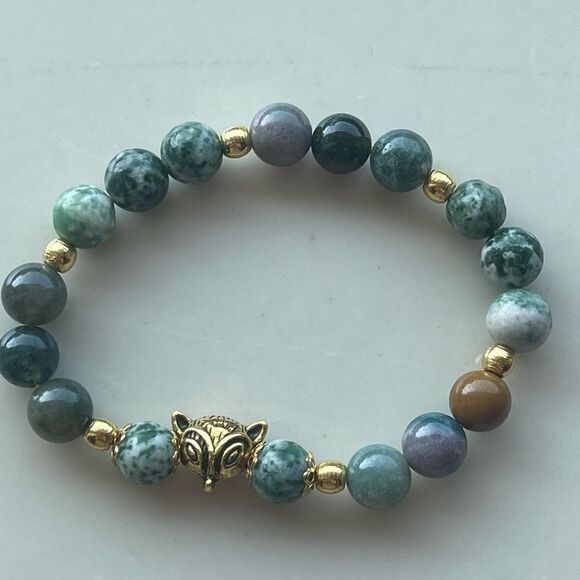 Tree agate dendritic India agate fox head face ONE stretch bracelet NEW reiki me - Picture 4 of 10